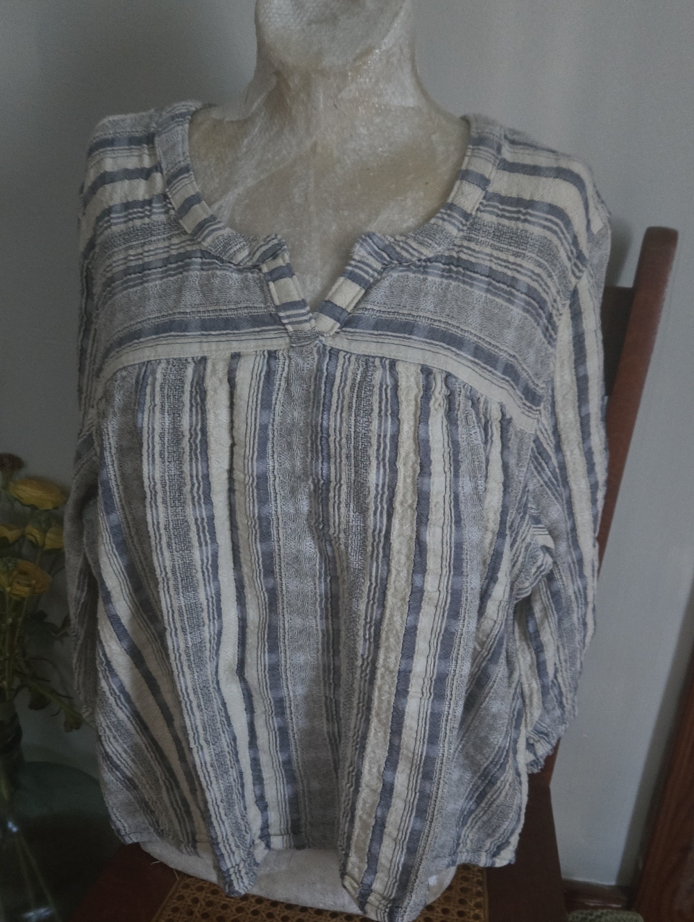 Knox Rose Striped Scoop-Neck Boho Top in Navy Blue and Cream Size Xxl
